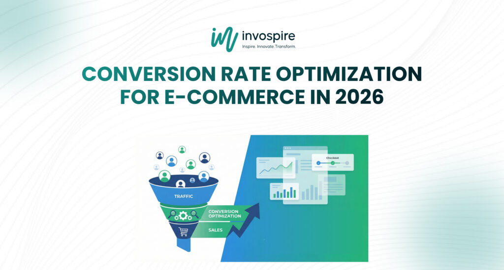 Featured image illustrating CRO for eCommerce with a conversion funnel, traffic growth, analytics dashboards, and sales optimization for online stores in 2026.